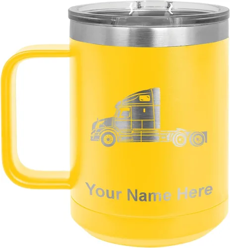 Vista 56 de LaserGram Taza de café aislada al vacío de 15 onzas, cabina de camión, grabado personalizado incluido (negro)