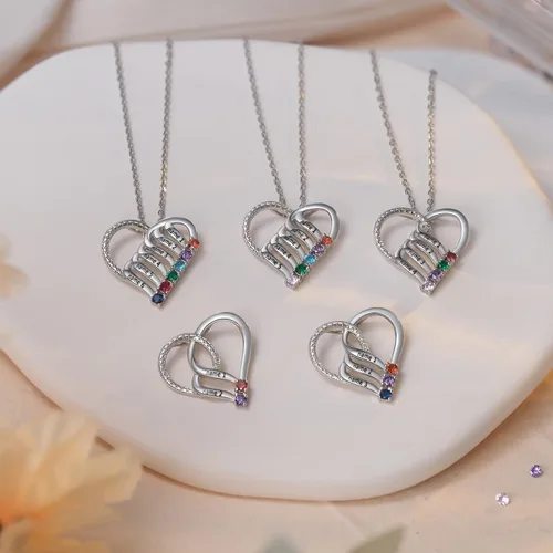 Vista 8 de Jeweidea Collar de corazón personalizado con 2-6 piedras natales de imitación con nombre personalizado madre e hija cadena colgante para mujeres