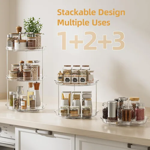Vista 3 de LAMU Lazy Susan - Organizador giratorio de 2 niveles para gabinete, estante de especias giratorio de 9 pulgadas para cocina, despensa, encimera