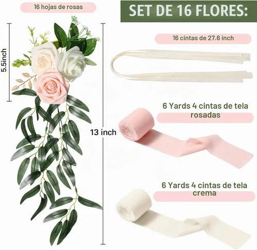 Vista 2 de Hoteam - 16 piezas de flores de banco para pasillo de boda, decoración de sillas de eucalipto y rosas con cintas largas de gasa, decoración de silla