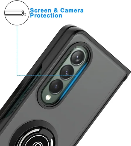 Vista 5 de TJS - Funda compatible con Samsung Galaxy Z Fold 3 5G (negro) Resistente a los impactos 360 grados giratorio anillo de metal titular gota cubierta