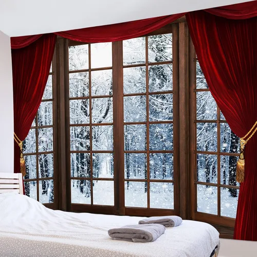 Vista 10 de HVEST Tapiz de bosque de invierno para colgar en la pared, montaña, nieve y pino, exterior, ventana de Navidad, arte de pared, tapiz de invierno