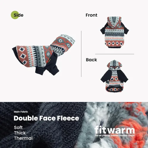 Vista 4 de Fitwarm Geometric Stripe Fleece Dog Hoodie, Fuzzy Winter Clothes for Small Dogs Boy Girl, Cozy Pet Sweatshirt, Orange, Grey, Black, XS