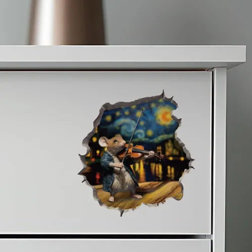 Vista 6 de Calcomanía de pared 3D con agujero de ratón con diseño de violín de noche estrellada