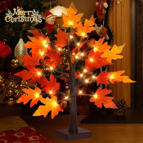 Vista 5 de Árbol de arce de otoño iluminado de 1.5 pies, lámpara de mesa de Acción de Gracias con 36 luces LED, hojas de arce, 6 bellotas, función