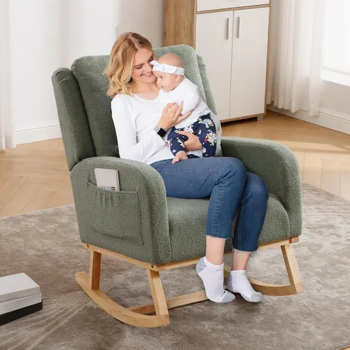 Vista 8 de HCHAIRH Mecedora para cuarto de bebé, silla mecedora para amamantar, con respaldo alto, tapizada, moderna, con acento, para sala de estar Verde