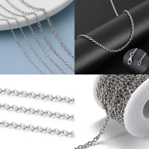 Vista 4 de Cadena de eslabones de cable de 16.76 m YZDTECH para hacer joyería, cadena de acero inoxidable en forma de O con 100 piezas de anillos de salto