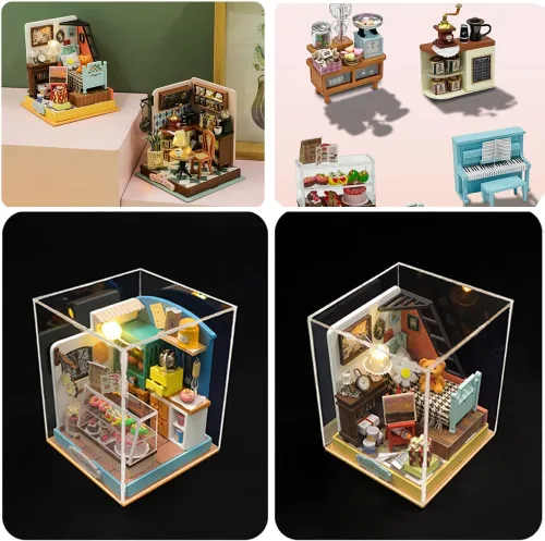Vista 4 de Kit de casa de muñecas en miniatura y muebles, modelo de casa de muñecas de madera en 3D con cubierta a prueba de polvo y LED, idea creativa