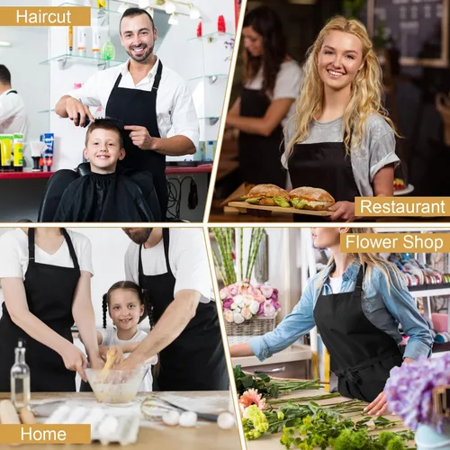 Vista 7 de Paquete de 3 delantales negros para mujer con bolsillos, delantal de cocina ajustable resistente al agua, babero unisex para chef, hombres y mujeres