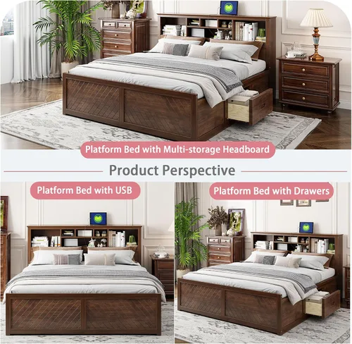 Vista 7 de Polibi Cama de plataforma de madera tamaño King con cabecera de almacenamiento múltiple, puertos y cajones de carga USB, plataforma