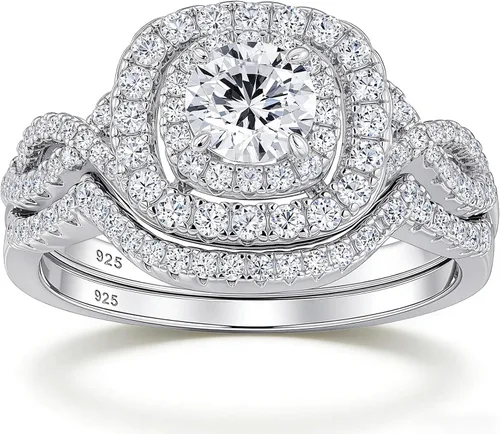 Vista 8 de Juego de anillos de boda Newshe Jewellery con circonita cúbica, anillos de compromiso para mujer, de plata de ley 925, juego de anillos de boda