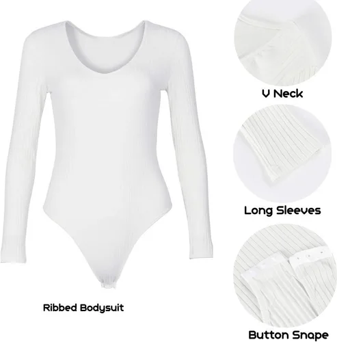 Vista 3 de GEMBERA Body de manga larga con cuello en V profundo para mujer, de punto acanalado, ajustado, básico