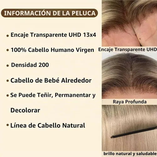 Vista 2 de Peluca de cabello humano rubio ceniza ombré, encaje frontal transparente UHD de 13 x 4 pulgadas, encaje frontal transparente UHD de 12 pulgadas 666