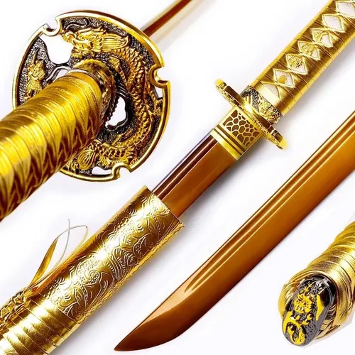 Vista 5 de Katana de dragón de oro hecha a mano de acero de alto carbono, espada samurái japonesa de espiga completa, espada realmente afilada lista