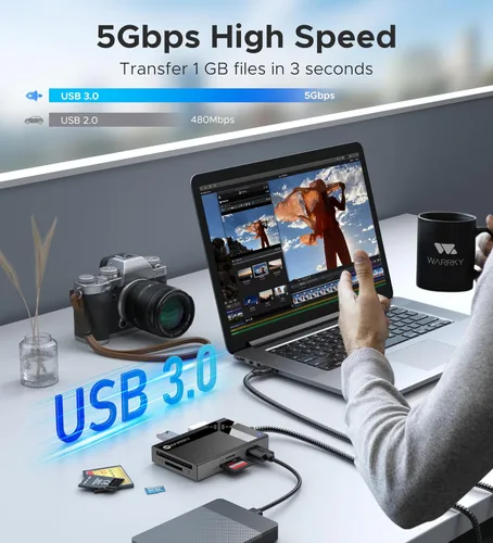 Vista 3 de Lector de Tarjetas SD USB 3.0, WARRKY [2.5 Pies Trenzado de Nailon, Puertos USB 3.0 Adicionales, 5Gbps] Lector de Tarjetas de Memoria 7 en 1