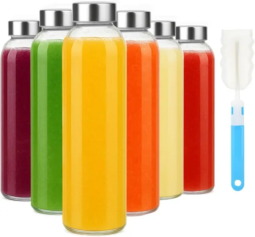Vista 14 de Sursip Botellas de agua de vidrio de 18 onzas con tapas, botellas de jugo, botella de jugo de vidrio transparente para exprimir, botellas de jugo