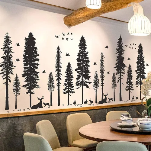 Vista 2 de Vinilo adhesivo de pared de pino, 9 árboles, ciervos, pájaros, conejos, bosques y naturaleza, removible de vinilo negro de alta calidad para niños
