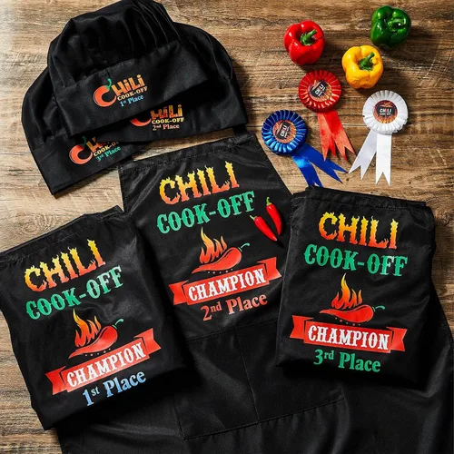 Vista 5 de Wesiti 9 piezas Chili Cook off Premios Decoraciones Trofeos Chili Cook Off Delantal Cinta Sombrero de Chef para Cocina Hombres Mujeres, Negro