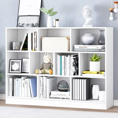 Vista 19 de IOTXY - Estantería de madera con espacios abiertos, 3 niveles, con patas, 5 cubos, color azul brillante Nordic Minimalist Style, MDF