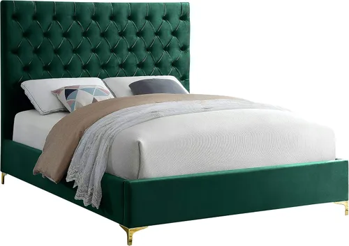 Vista 16 de Meridian Furniture Colección moderna Cruz Cama tapizada de terciopelo contemporánea con acolchonamiento de botones profundos y juegos completos