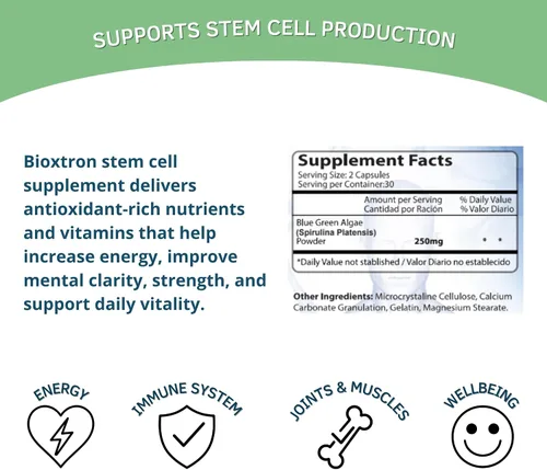 Vista 5 de Bioxtron Suplemento Natural de Células Madre en Cápsulas - Algas Azules y Verdes, Espirulina, Apoyo Energético - 60 Cápsulas