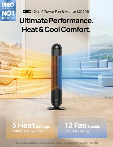 Vista 2 de Dreo Combo de ventilador de torre y calentador, ventiladores de pie de 29.2 pies/s para dormitorio, 17 niveles, 6 modos, oscilación de 120°, 42