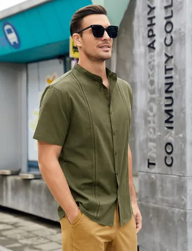 Vista 2 de Ryannology Camisas guayabera de lino de manga corta con botones para hombre, estilo casual, playa, campamento cubano, camisa mexicana para hombre
