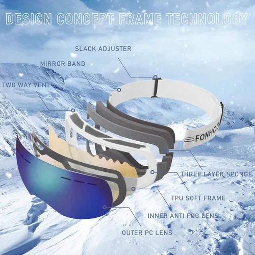 Vista 4 de FONHCOO Gafas de esquí para hombres y mujeres, antivaho OTG gafas de snowboard con lente desmontable para esquí, patinaje, protección UV