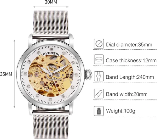 Vista 6 de RORIOS Reloj mecánico automático de las mujeres Auto-Winding Esqueleto Dial Correa de acero inoxidable Señoras Relojes de pulsera