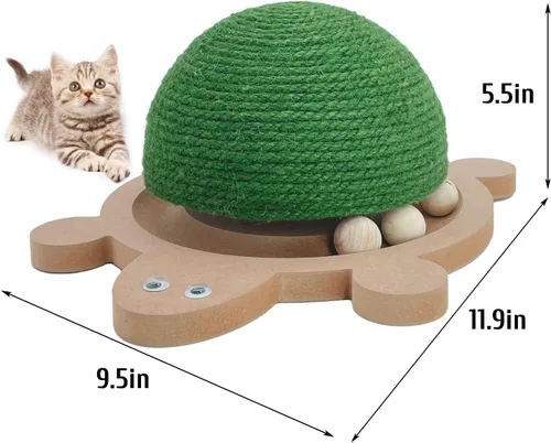 Vista 5 de Fhiny Pelota rascador para gatos, juguete rascador de sisal natural con pista de rodillos y base de madera con forma de tortuga para gatos