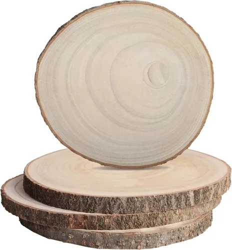 Vista 9 de Rebanadas de madera para centros de mesa 4 piezas, rodajas redondas de madera para manualidades, círculos y losas de madera rústica, discos