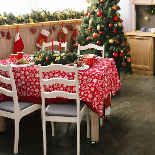 Vista 5 de ELECLAND Mantel de plástico de copos de nieve de Navidad, cubierta de mesa de copos de nieve de Navidad, mantel rectangular de fiesta de invierno
