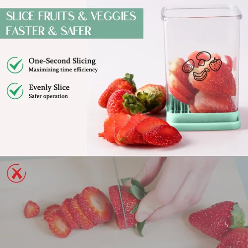 Vista 2 de Rebanador de Copa, Rebanador de Fresas y Plátanos de Acero Inoxidable, Cortador Rápido de Frutas con Placa de Empuje, Para Hacer Ensaladas Cian
