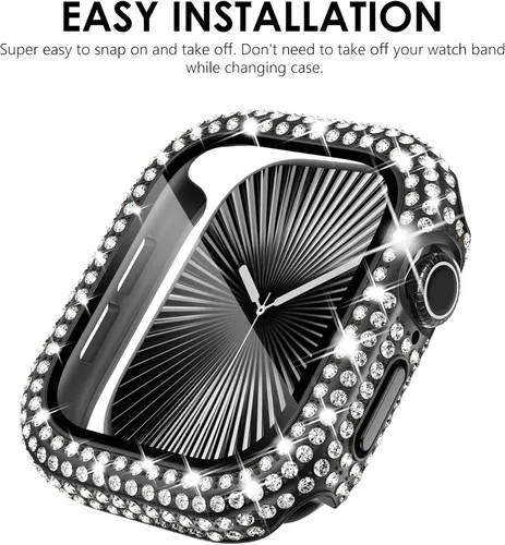Vista 6 de KADES - Funda protectora completa compatible con iWatch, con protector de pantalla de vidrio templado incorporado, brillante y con diamantes de Negro