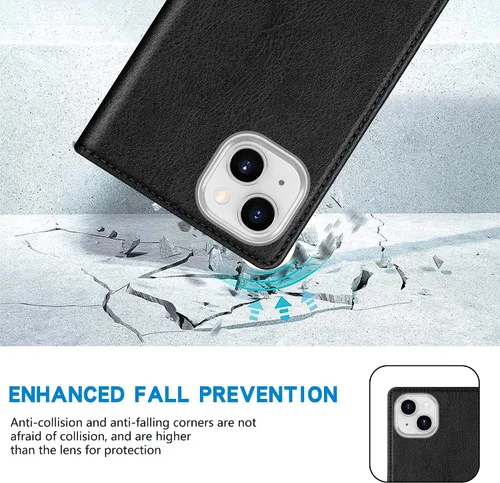 Vista 7 de ZZXX Funda tipo cartera para iPhone 14 con bloqueo RFID, soporte de ranura para tarjetas, funda protectora de cuero magnético fuerte plegable