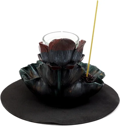Vista 4 de Ebros Gift Feng Shui Zen Buddha Ohm Símbolo Sagrado Flor de Loto en Cascada Torre de incienso y Quemador de cono de reflujo y Figura de portavelas