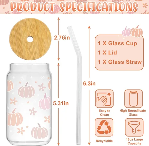 Vista 2 de Tazas de vidrio de calabaza de Acción de Gracias, 16 onzas, taza de café helado de otoño, taza de vidrio con forma de lata con tapa y pajita, café
