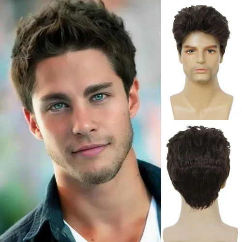 Vista 7 de Kaneles Peluca corta y rizada negra para hombre, con flequillo, disfraz de Halloween, cosplay, fiesta, peluca de cabello natural Color negro.