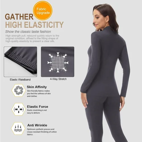 Vista 3 de Conjunto de ropa interior térmica con cuello alto falso para mujer, forro polar ultrasuave y cálido
