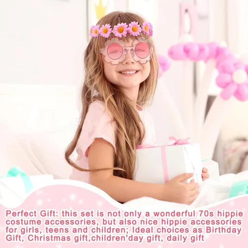 Vista 6 de Juego de 5 piezas de accesorios de disfraz hippie para niños, letrero de paz bohemio, margarita, flor de los años 60 y 70, decoración de fiesta
