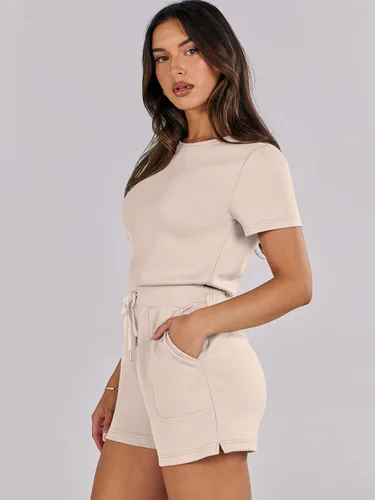 Vista 9 de ANRABESS Enterizo de verano para mujer, cuello redondo, casual, holgado, manga corta, de una pieza, con bolsillos