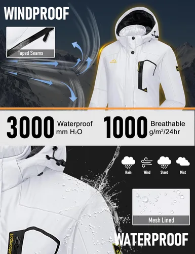 Vista 3 de MAGCOMSEN Chaqueta de esquí para mujer, impermeable, aislada, chaqueta de nieve cálida y resistente al viento, con capucha y forro polar
