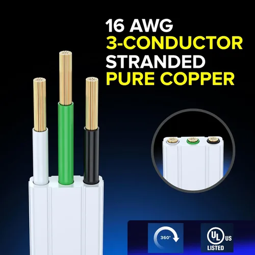 Vista 6 de Maximm Cable de extensión de enchufe plano giratorio de 360° de 1 pie, cable de extensión de 3 tomas de corriente múltiple de 16 AWG, cable