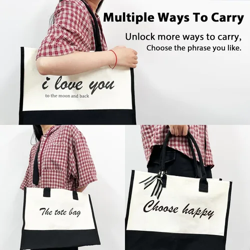Vista 3 de Phrase Canvas Beach Bag,Zipper and Slide Pockets,Stylish Canvas BagShoulder Strap and Bottom Support, Office Handbag