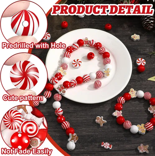 Vista 3 de Misdary 200 piezas de cuentas navideñas para manualidades, cuentas navideñas de madera, rojas y blancas, caramelo de menta, jengibre para joyería