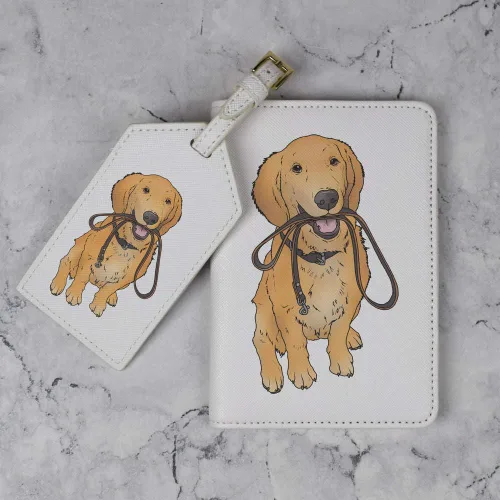 Vista 2 de Golden Retriever Puppy Holding Lead' Passport Cover & Luggage Tag Travel Set (PA00023721)