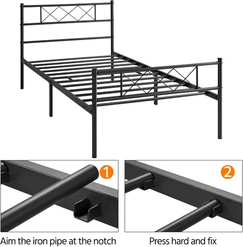 Vista 5 de Topeakmart Base de cama de metal negro con cabecero, base de colchón, cama de plataforma, base de cama con listones, tamaño individual XL