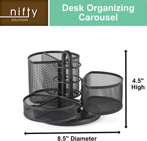 Vista 2 de Nifty Carrusel organizador de escritorio y oficina, moderno acabado con recubrimiento en polvo negro, 3 compartimentos con divisores, giros de 360