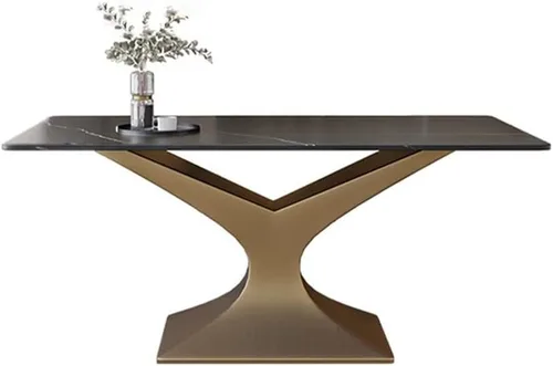 Vista 3 de LAKIQ Mesa de comedor rectangular moderna de estilo lujoso, mesa de cocina de piedra sinterizada, mesa de pizarra con pedestal de bronce para Negro