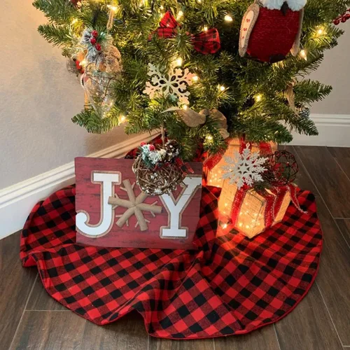 Vista 4 de SoarDream Faldas de árbol a cuadros de Navidad pequeñas de 24 pulgadas, falda de árbol a cuadros de búfalo rojo y negro para Navidad, fiesta de Año
